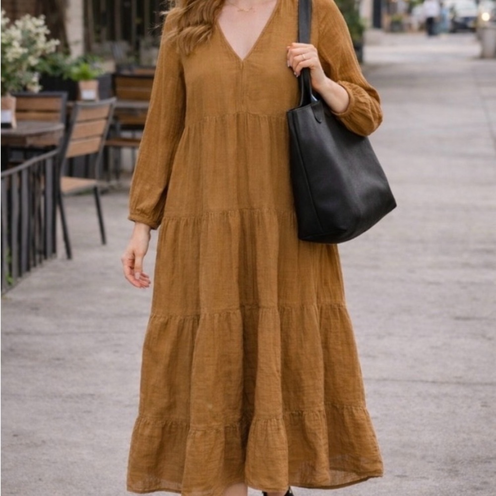 Universal Thread Tiered Mustard Long Sleeve Dress